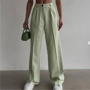 ZARA Celery Green High Waist Full Length wide legs TROUSERS Size Medium